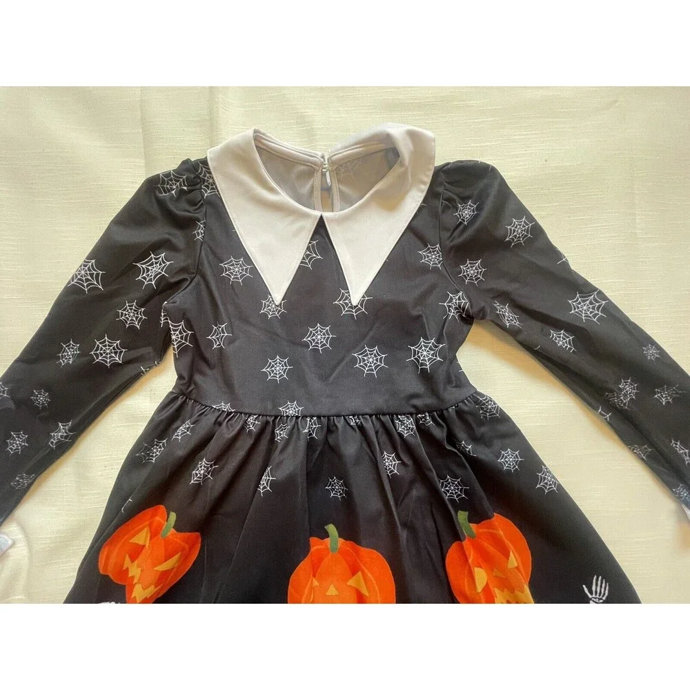 ALLIFly Girls Long Sleeve Peter Pan Collar Skeleton Halloween Dress Sz 10 New